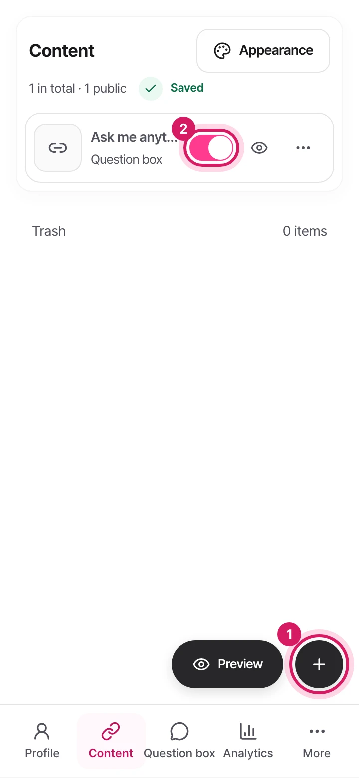 Mobile: The content screen, showing the plus button at the bottom right and each item's public switch.