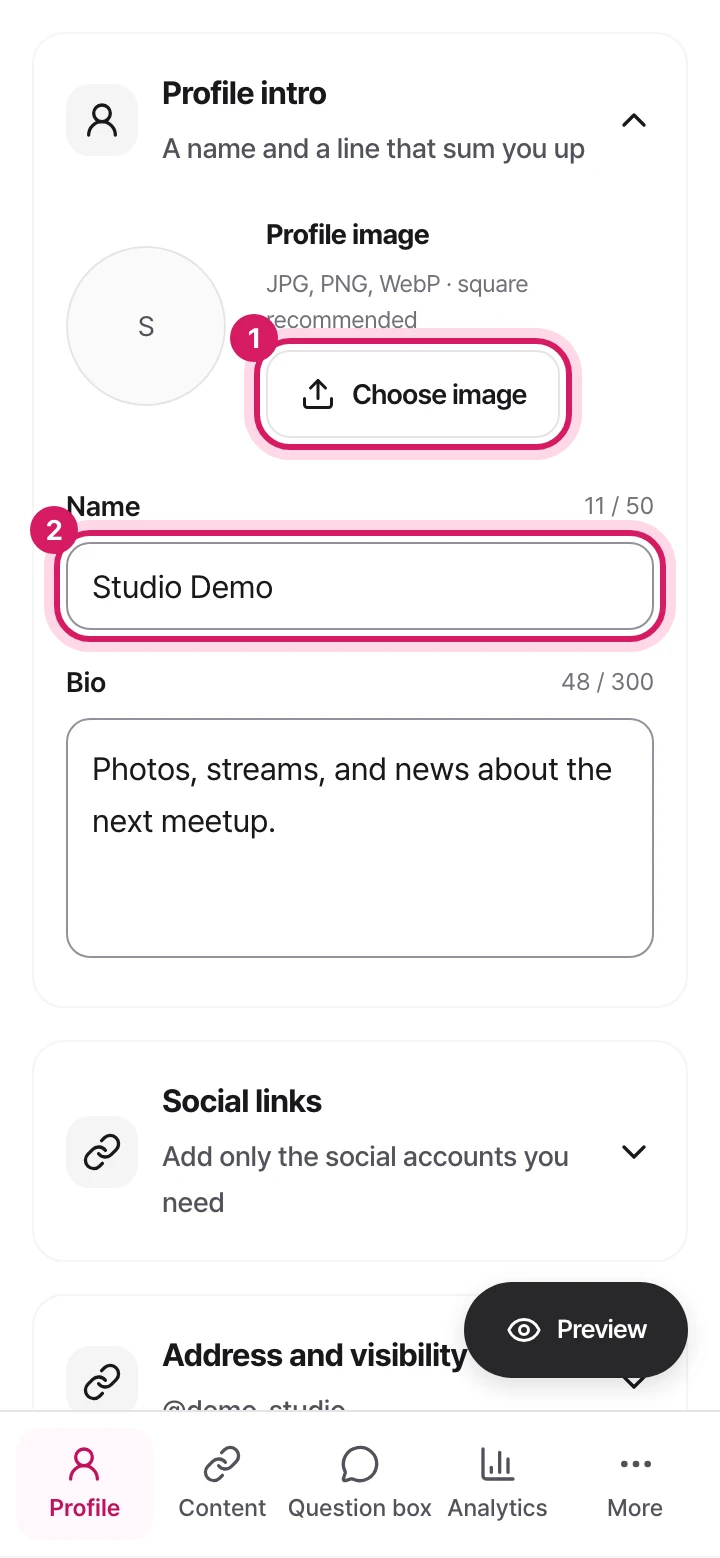 Mobile: The profile screen, showing the button to choose a profile image and the name field.