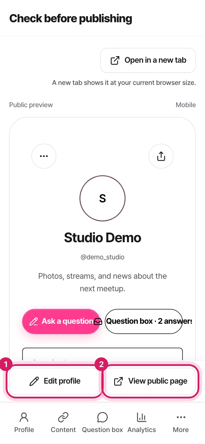 Mobile: The pre-publish check screen, showing the edit profile button and the view public page button.