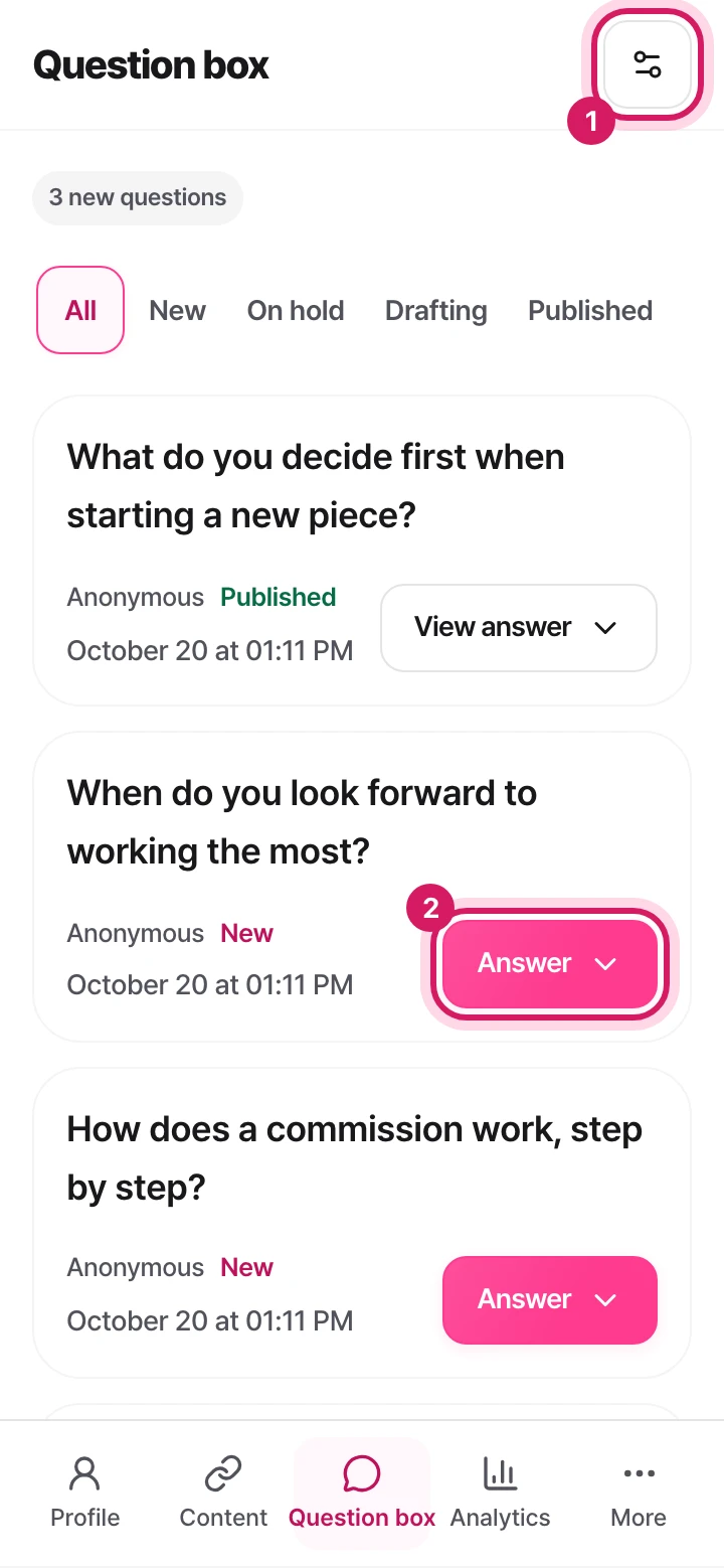 Mobile: The question box list screen, showing the question box settings button and the answer button.