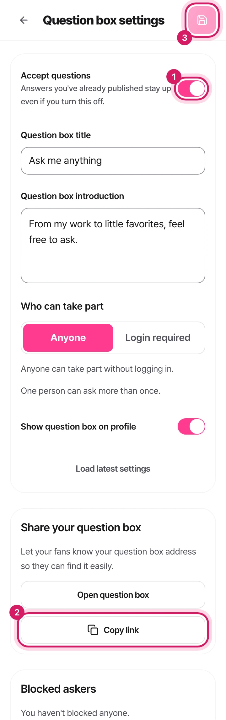 Mobile: The question box settings screen, showing the accept-questions switch, the copy link button, and the save button.