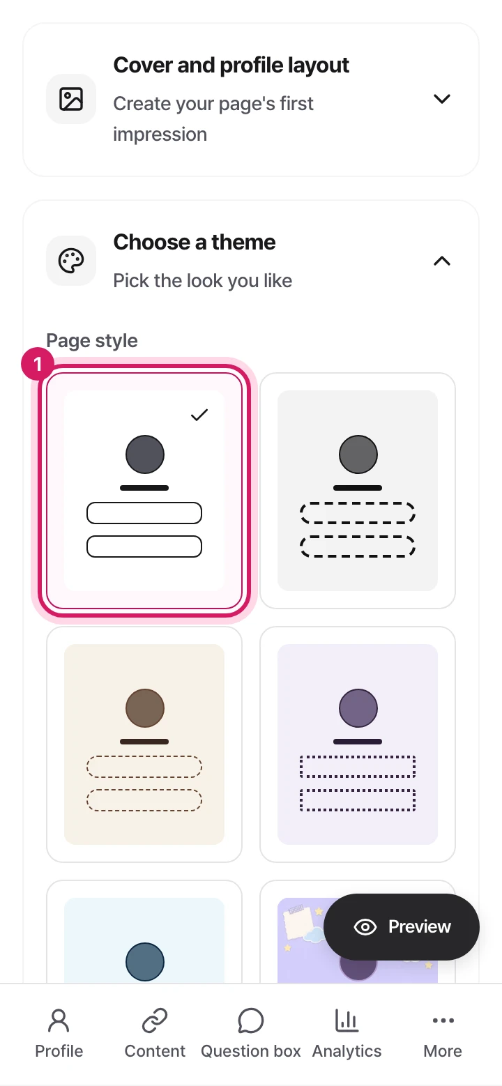Mobile: The theme screen, showing the first page style option.